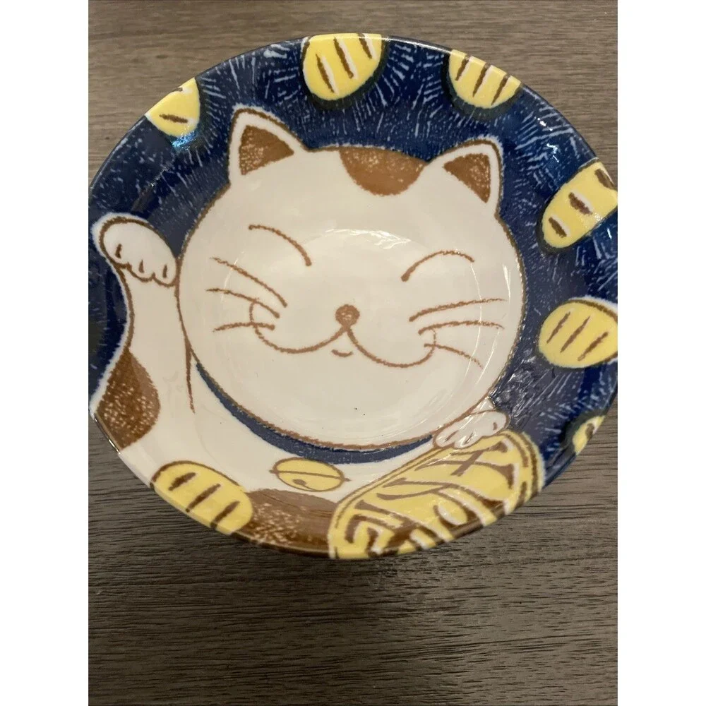 Japanese Porcelain Rice Bowl Blue Cute Kitty Cat Soup Ramen Made in Japan 6”